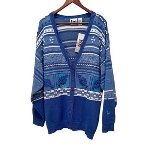VTG‎ tm sport XL Blue Knit Cardigan Button Front Embroidered Eclectic Grandpa